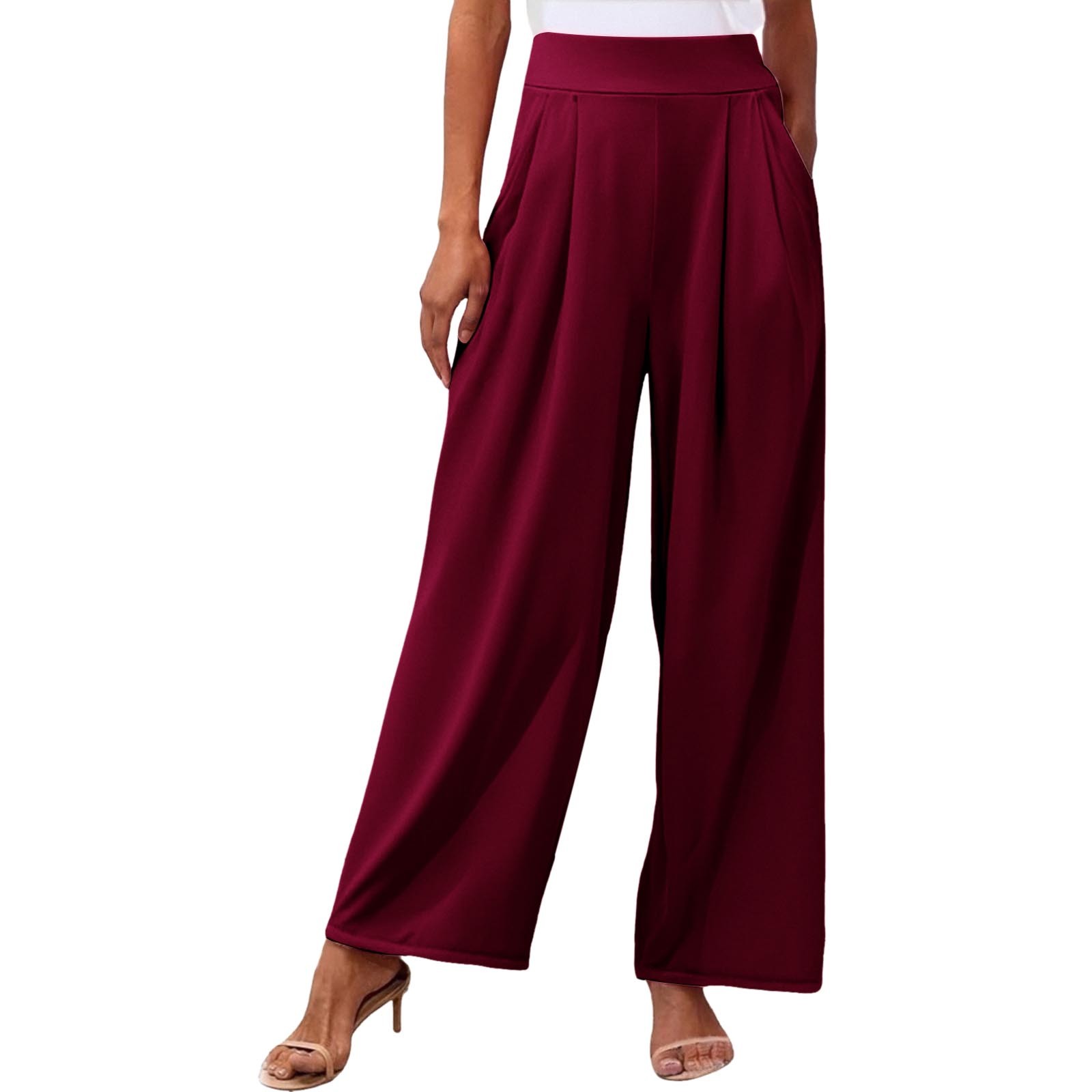 Pantalones palazzo anchos de color liso para mujer: cintura alta con cinturilla elástica, poliéster y spandex, pantalones largos informales con bolsillos laterales.